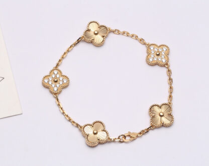 Van Cleef Vintage Alhambra Bracelet 5 Motifs Guilloché Yellow Gold Diamonds