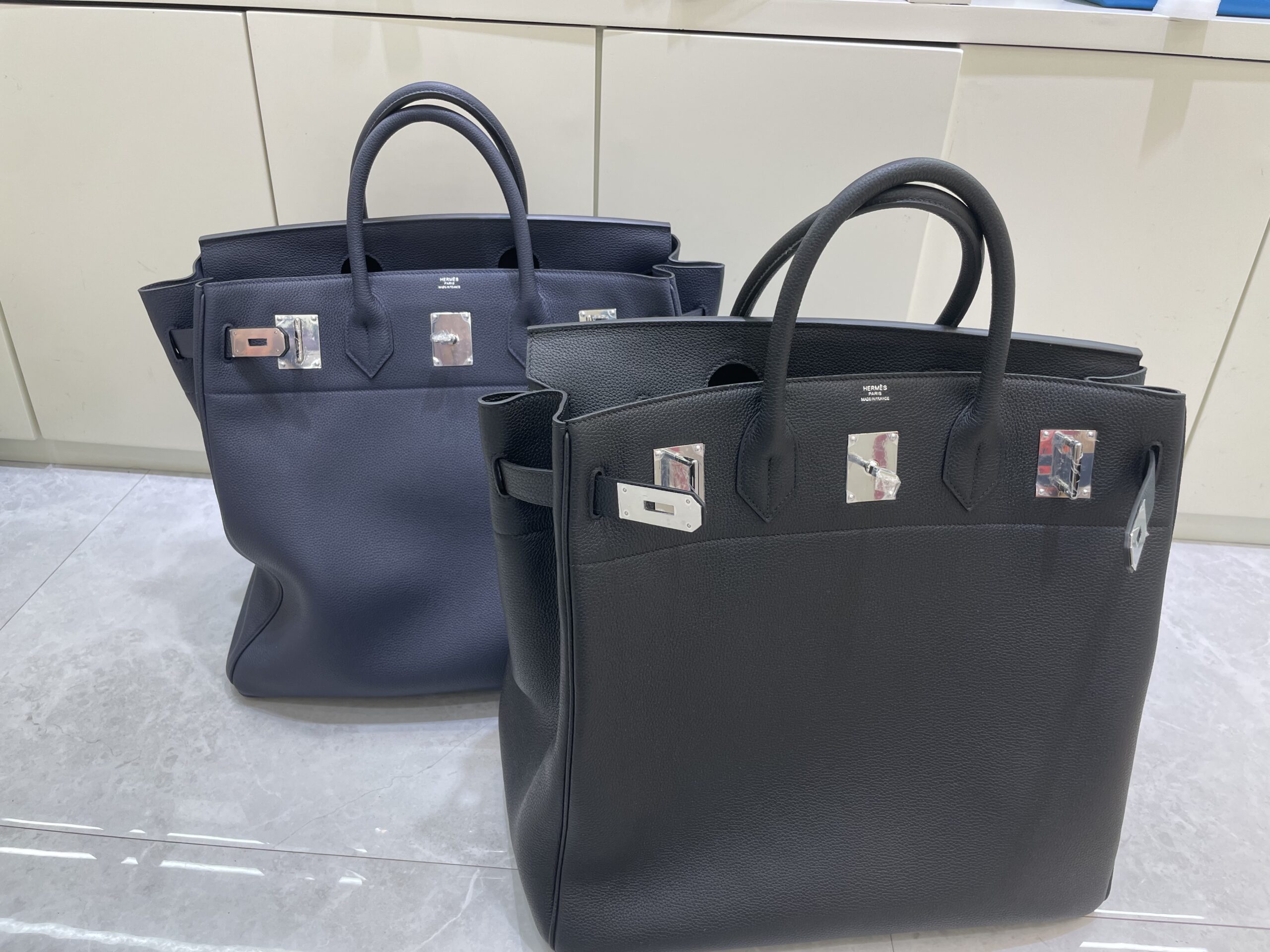 Hermès Birkin 40 HAC Blue Thalassa Togo & White Stitching Palladium  Hardware Bag